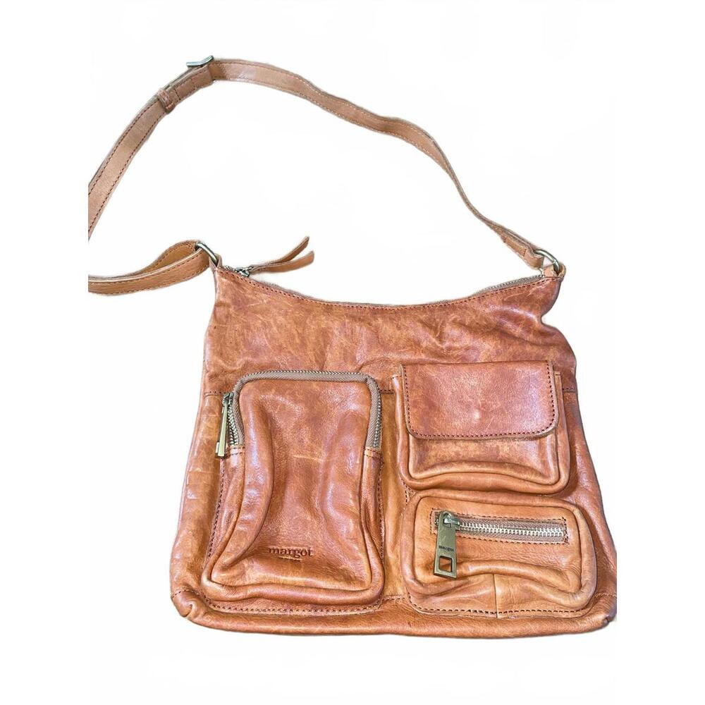 Margot New York Brown Leather Shoulder Bag with Multiple Front Pockets